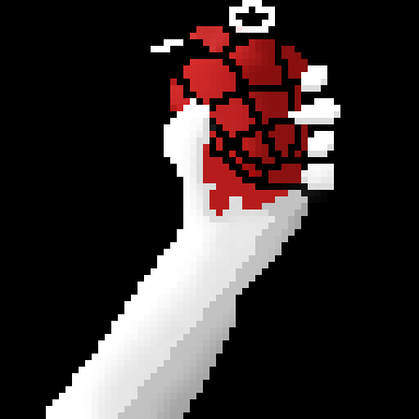 The game background. Pixel art of the album cover for American Idiot. There is a white arm holding a red hand grenade shaped like a heart.